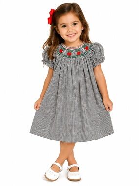 Hand Smocked Apple  Black & White Gingham Smocked Dress with Red Floral Trim